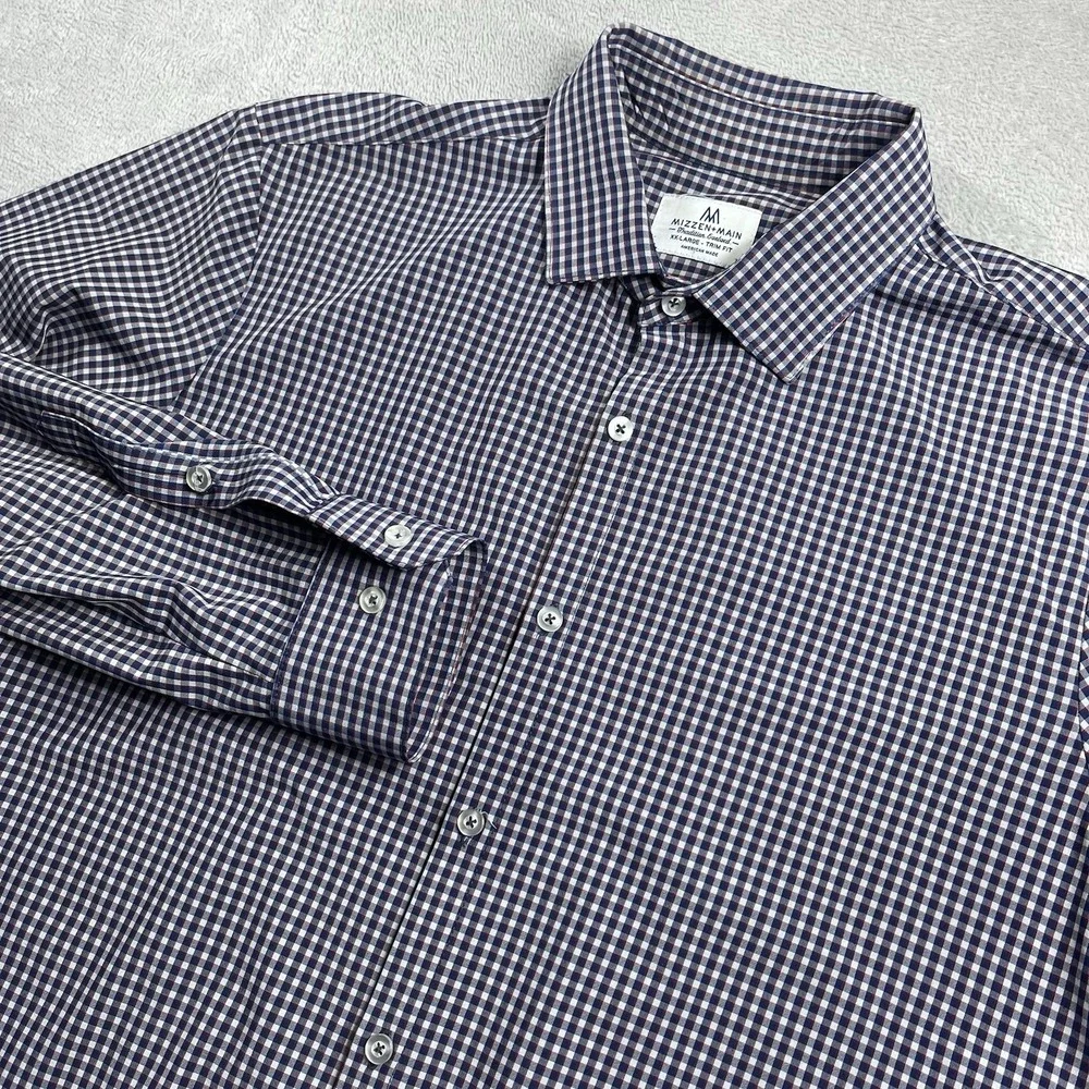 Mizzen+Main Shirt Mens 2XL Blue Red Trim Fit Stretch Performance Made in USA EUC